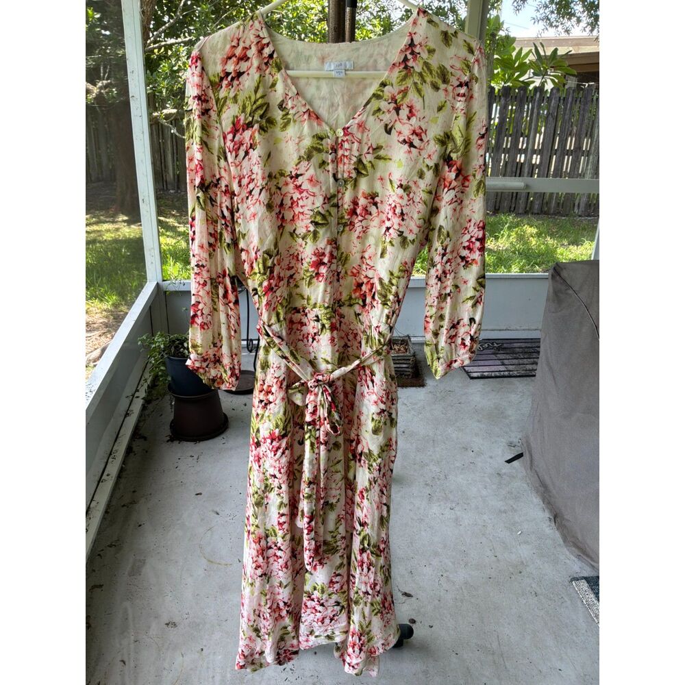 J.Jill Sz M Pebble Hydrangea Scarf Hem 3/4 Sleeve Lightweight Dress Pink Floral